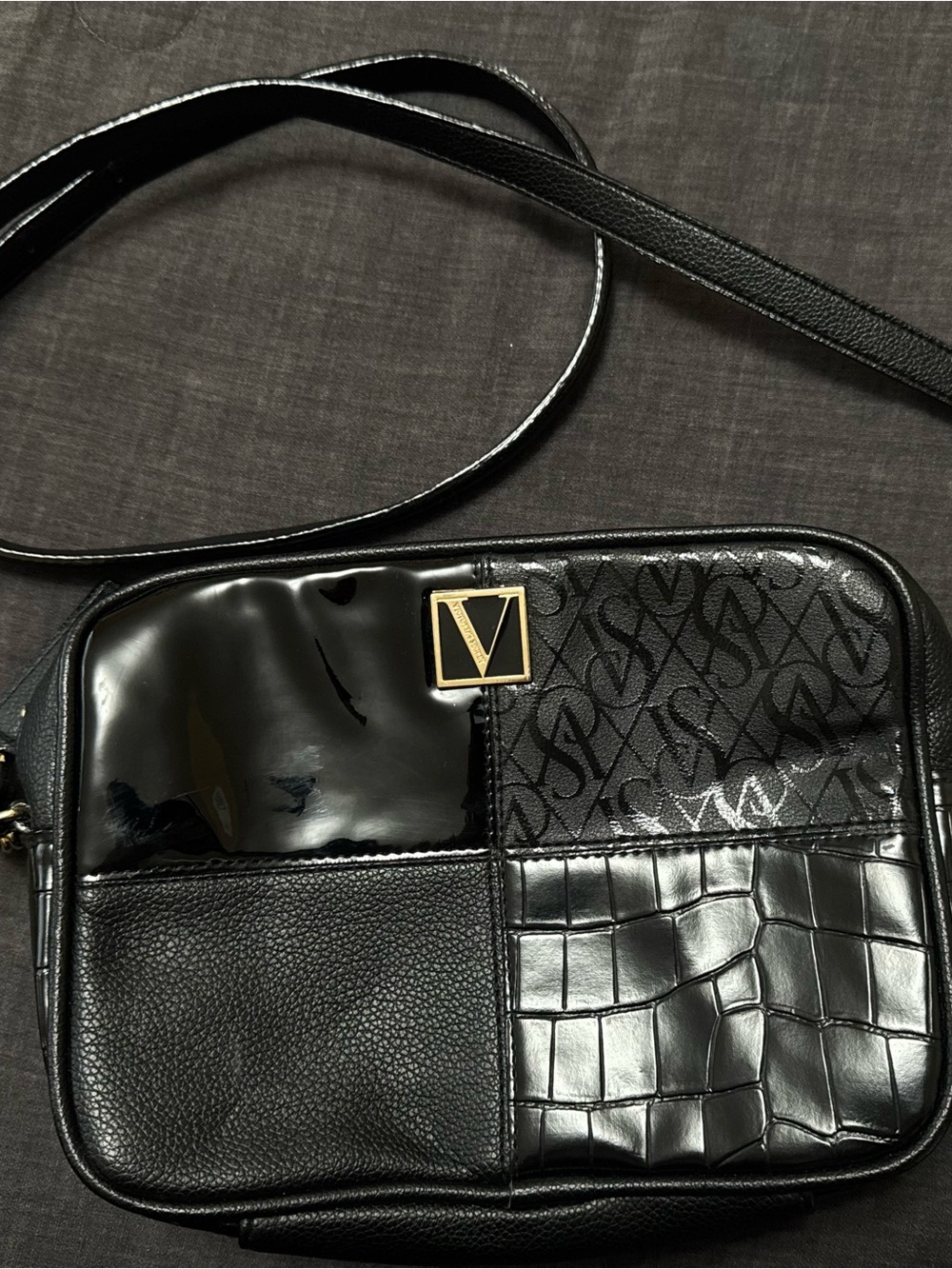 Victoria's Secret Black Patchwork Crossbody with Gold Logo